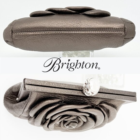 Brighton Pewter Leather Clutch Crossbody Purse Large Dimensional Flower on Front - Picture 10 of 17